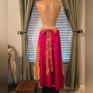 Indian Sari Wrap Skirt Womens One Size Midi Floral Double Layer Reversible Boho